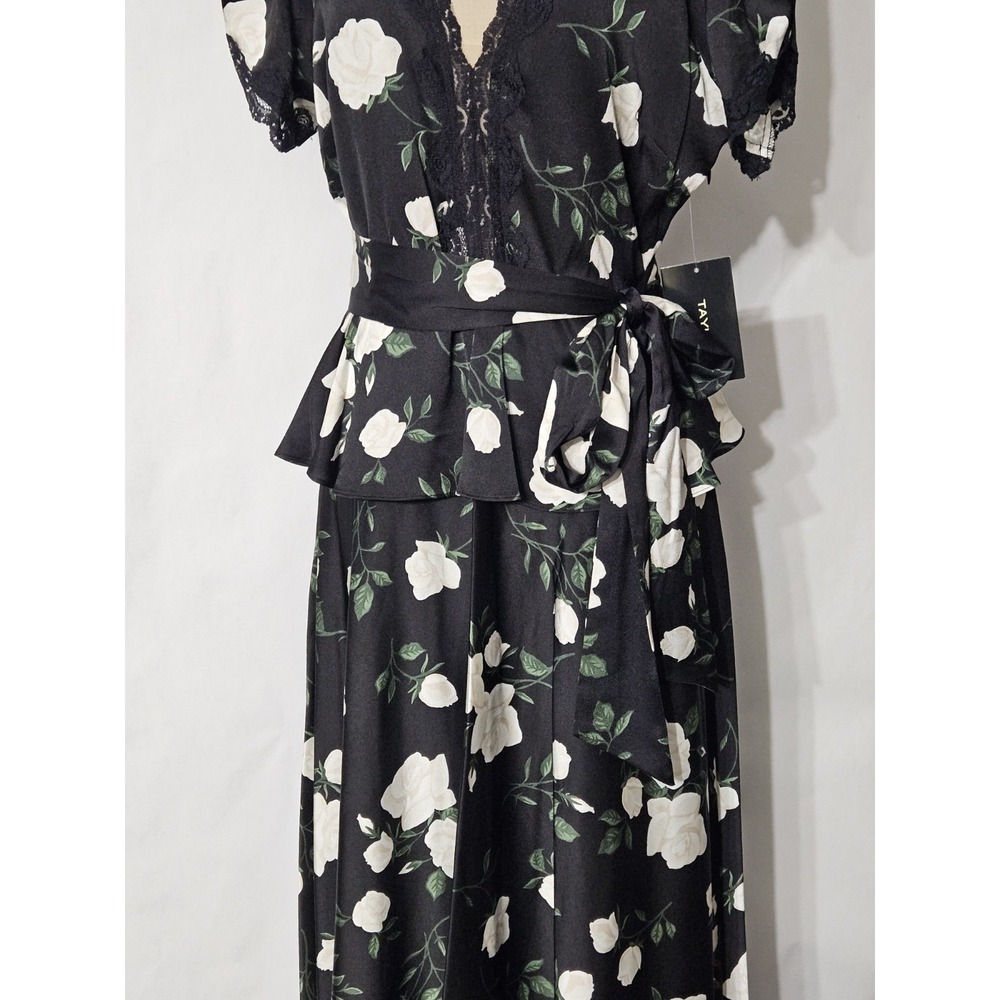 Taylor Women's Black Floral Short Sleeve V-neck Tie Waist Peplum Maxi Dress - Picture 9 of 16